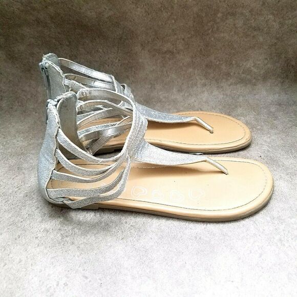 Place Big Girls   Size 5 Silver  Textile Thong Ankle Strap Sandals - Picture 3 of 9